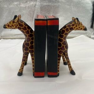 Hand Crafted Signed Giraffe Bookends with Black and Red Books